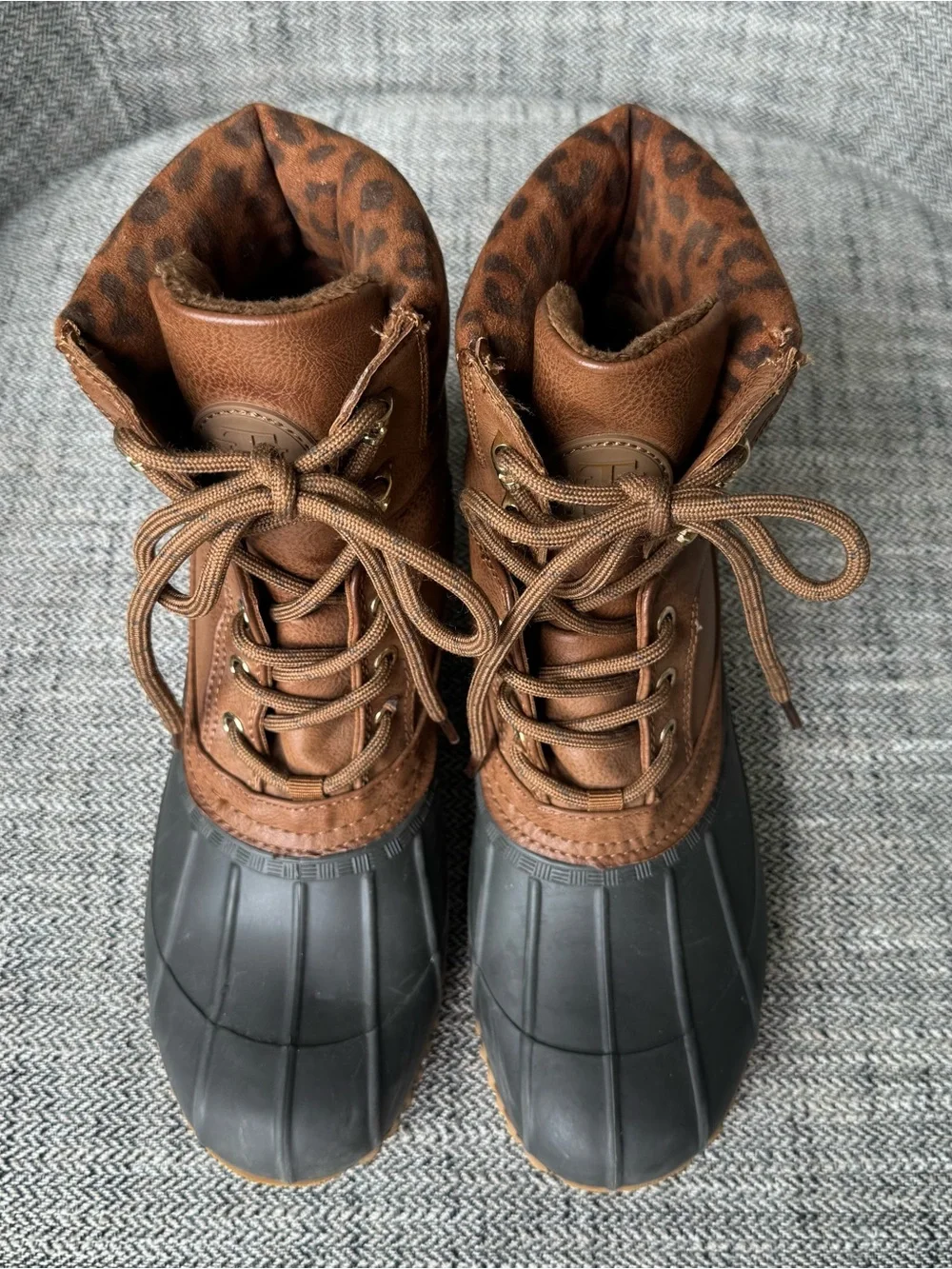 Tommy Hilfiger Brown Leather & Black Rubber Duck Boots with Leopard Cuff